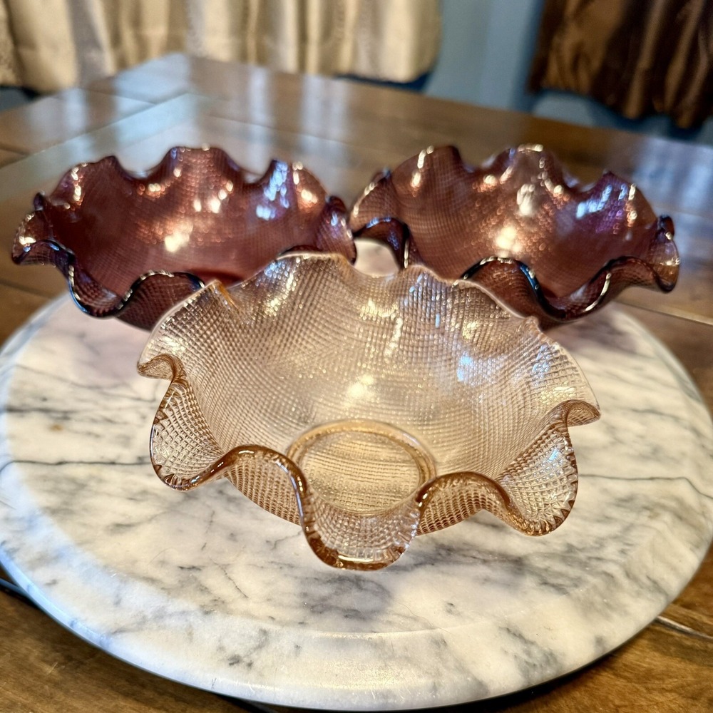 3pc VTG 60s Italy Colony Purple Pink Ruffle Lettuce Edge Waffle Candy Bowls - Picture 6 of 6